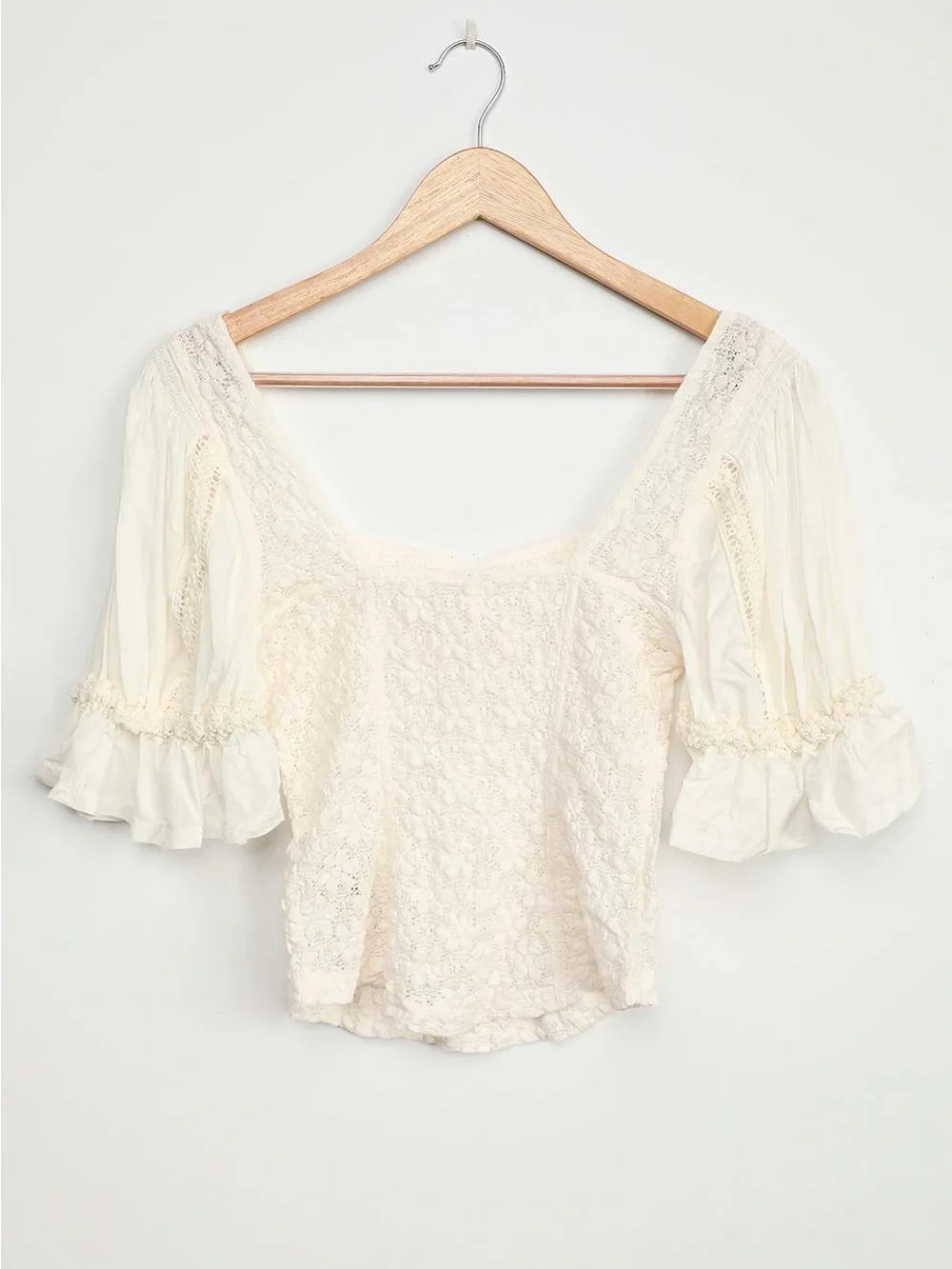 Free People Ivory Lace Square-Neck Puff Sleeve Top